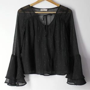 Hollister XS Black Metallic lurex stripes chiffon bell sleeve flowy top blouse